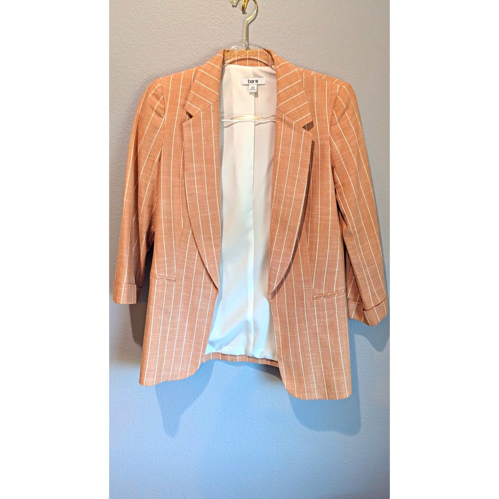 bar III Women's Beige Earthy Striped Open Front Lined Jacket 3/4 Sleeve XXS 90s